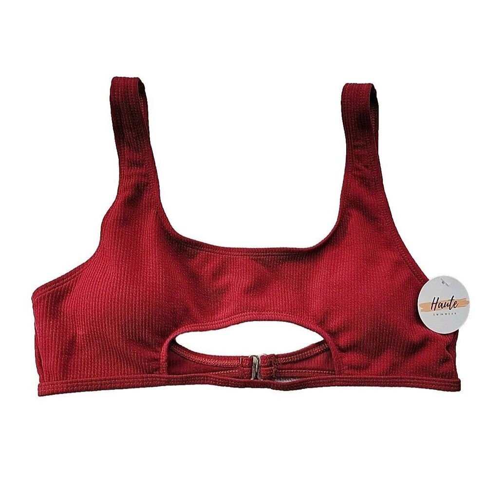 NEW - Haute Swimwear Women's Small Red Ribbed Bikini Top Swim Removable Pads